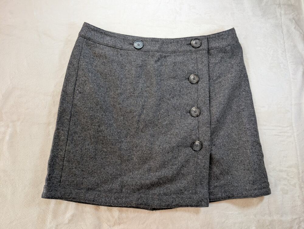 LOFT Gray Wool Blend Faux Wrap Mini Skirt | Button Front